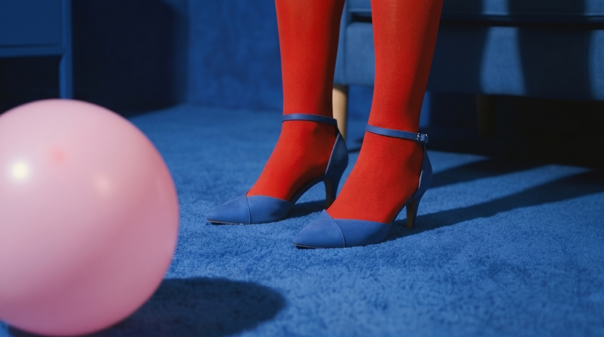 Red-stockinged legs in blue heels beside a pink balloon